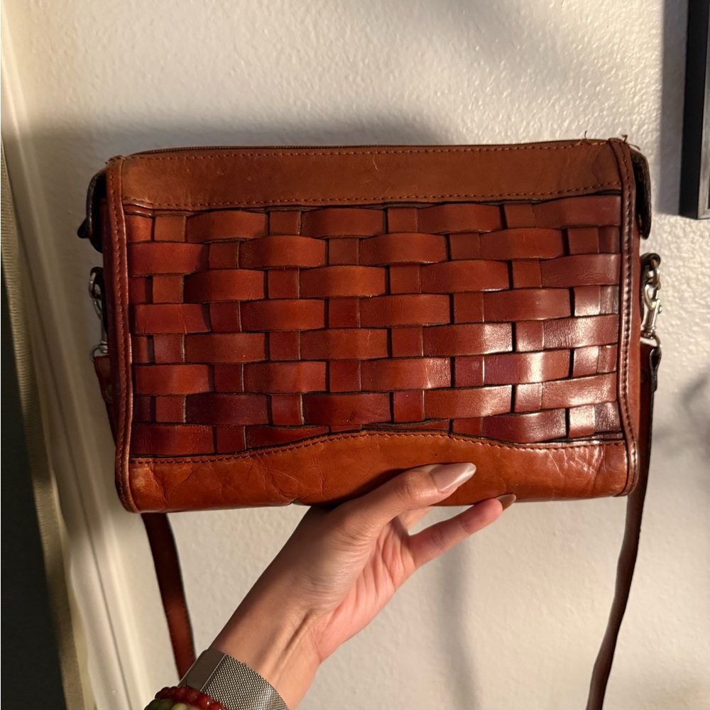 Vintage Brown Leather Woven Crossbody Bag